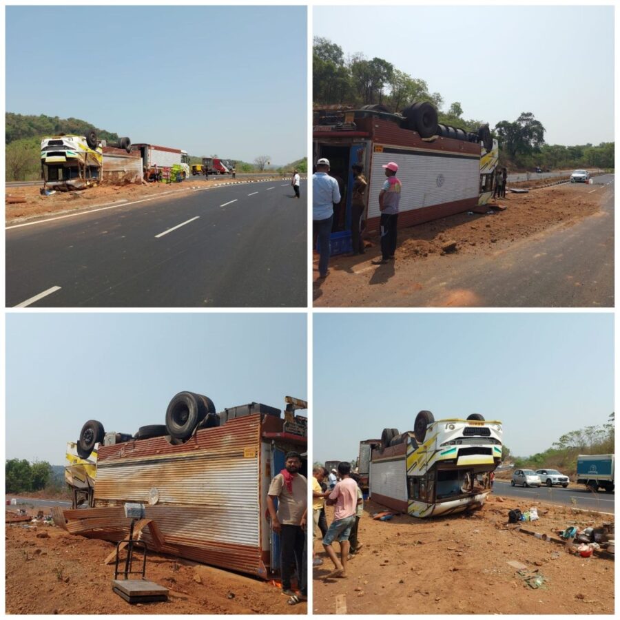 मुंबई – गोवा राष्ट्रीय महामार्गावर नडगीवे येथे मासे भरलेला कंटेनर पलटी