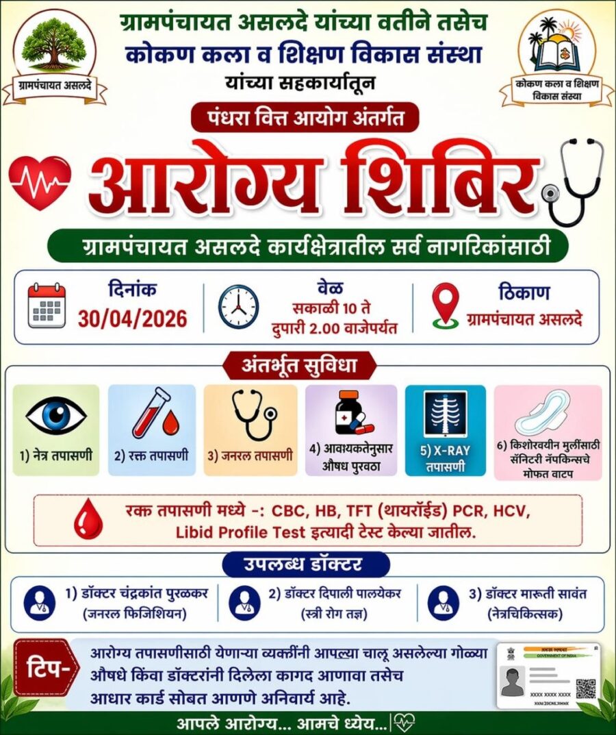 असलदे येथे ‘आरोग्य शिबिर’चे आयोजन; नागरिकांसाठी मोफत तपासण्यांची संधी